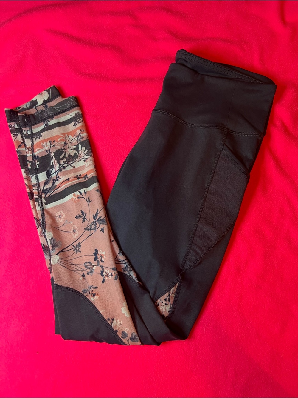 Floral Panel Black Leggings - Pink Floral Accent